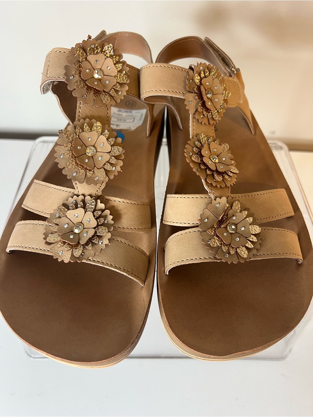 American Exchange Tan Floral Leatherette Sandals with Ankle Strap